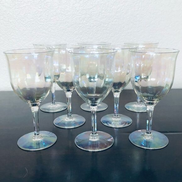 Vintage Fostoria Mother of Pearl Iridescent Wine Glasses Goblets 10-pc Set - Picture 4 of 7